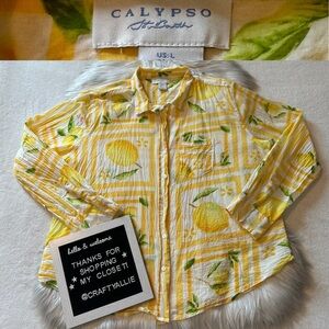 Calypso St. Barth Lemon Print Button Down Shirt | Women’s Large